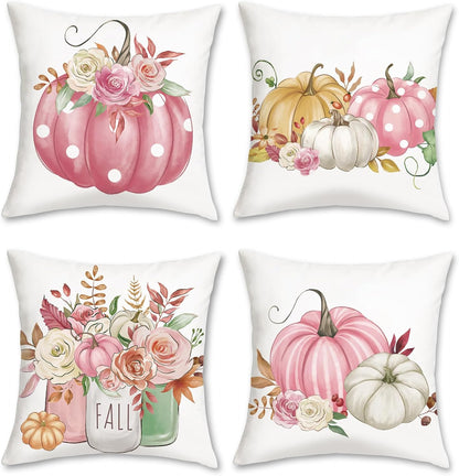 Fall Pumpkin Throw Pillow Covers, Pink Pumpkins Flowers Autumn Velvety Decorative Pillowcases for Sofa Bed Home Patio Set of 4, 18 x 18 Inches