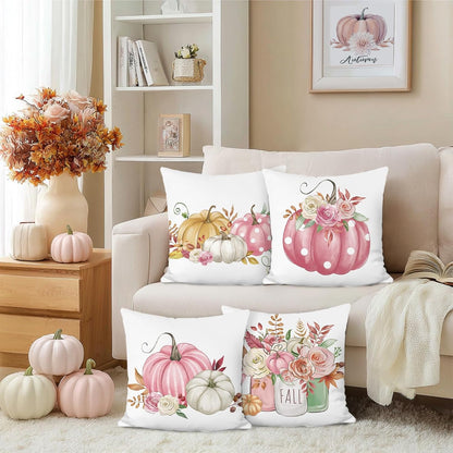 Fall Pumpkin Throw Pillow Covers, Pink Pumpkins Flowers Autumn Velvety Decorative Pillowcases for Sofa Bed Home Patio Set of 4, 18 x 18 Inches
