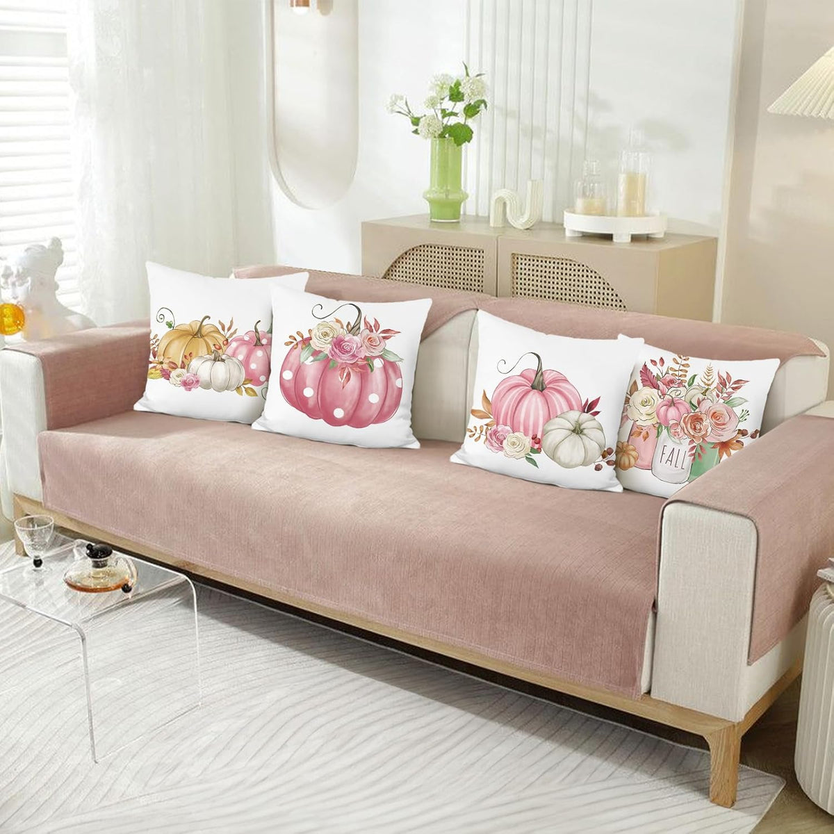 Fall Pumpkin Throw Pillow Covers, Pink Pumpkins Flowers Autumn Velvety Decorative Pillowcases for Sofa Bed Home Patio Set of 4, 18 x 18 Inches