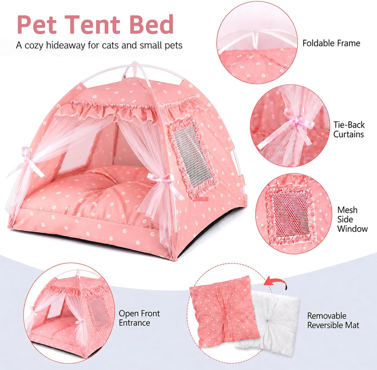 Pink Princess Cat Bed Dog Tent, Indoor House for Small Puppies and Kittens
