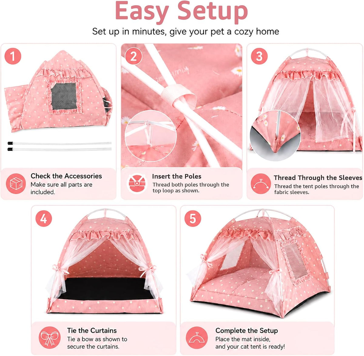 Pink Princess Cat Bed Dog Tent, Indoor House for Small Puppies and Kittens
