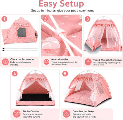 Pink Princess Cat Bed Dog Tent, Indoor House for Small Puppies and Kittens
