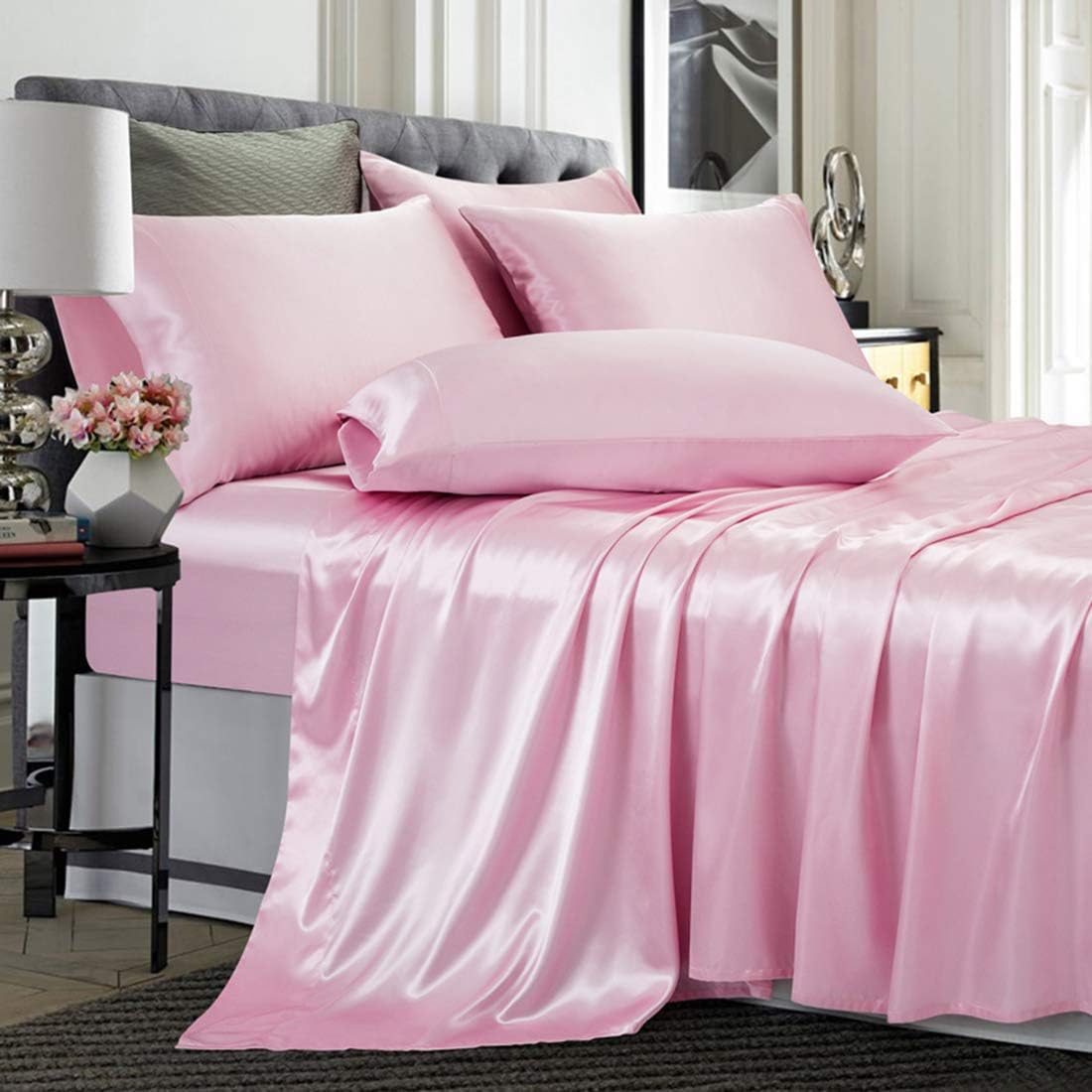 4 Piece Set Pink Satin Sheets Twin Size