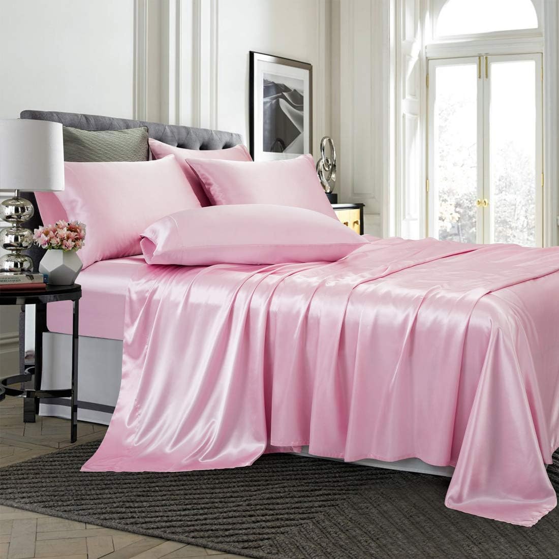 4 Piece Set Pink Satin Sheets Twin Size