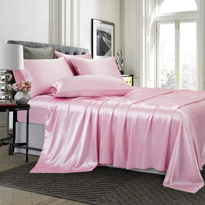 4 Piece Set Pink Satin Sheets Twin Size