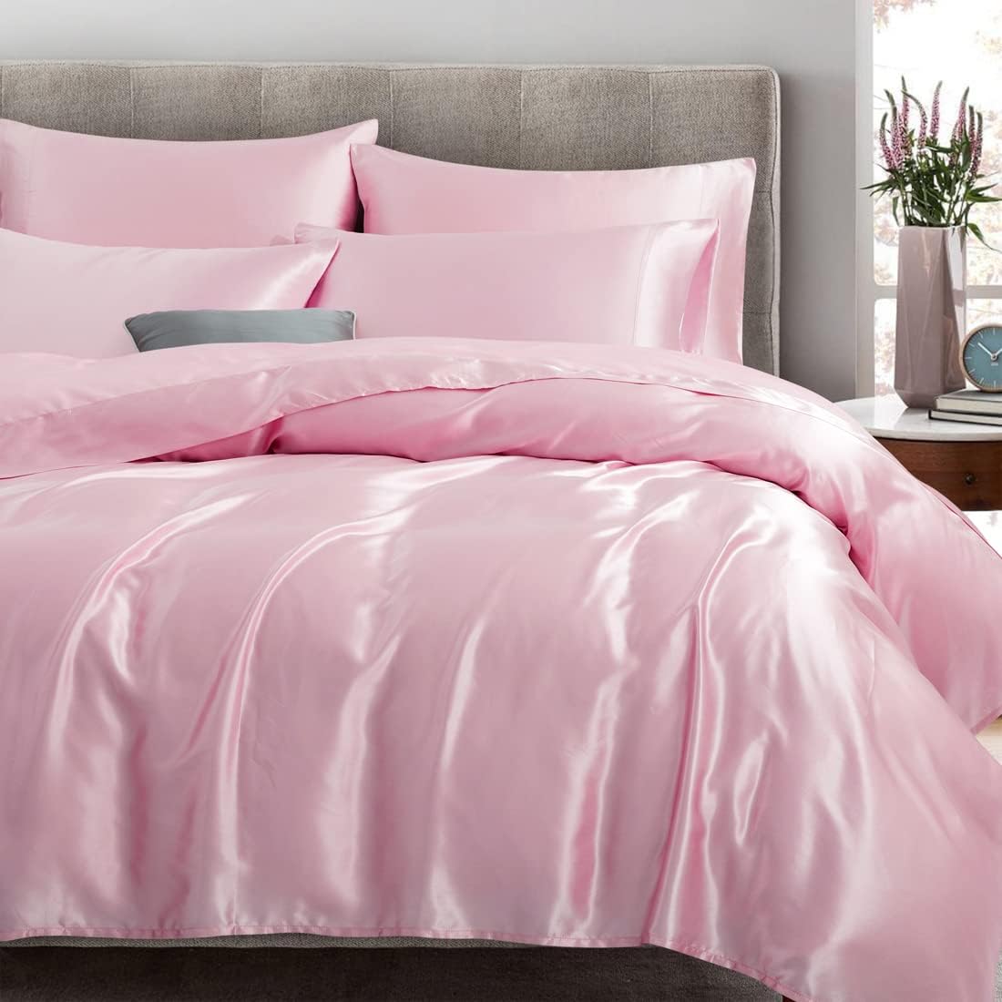 4 Piece Set Pink Satin Sheets Twin Size