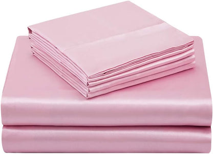 4 Piece Set Pink Satin Sheets Twin Size