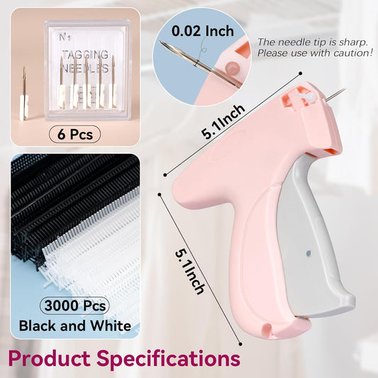 Stitch Gun for Clothes, Pink Handheld Stitching Gun Quick Clothing Fixer, 0.5mm Sewing Kit Includes 1500 Black Fasteners and 1500 White Fasteners