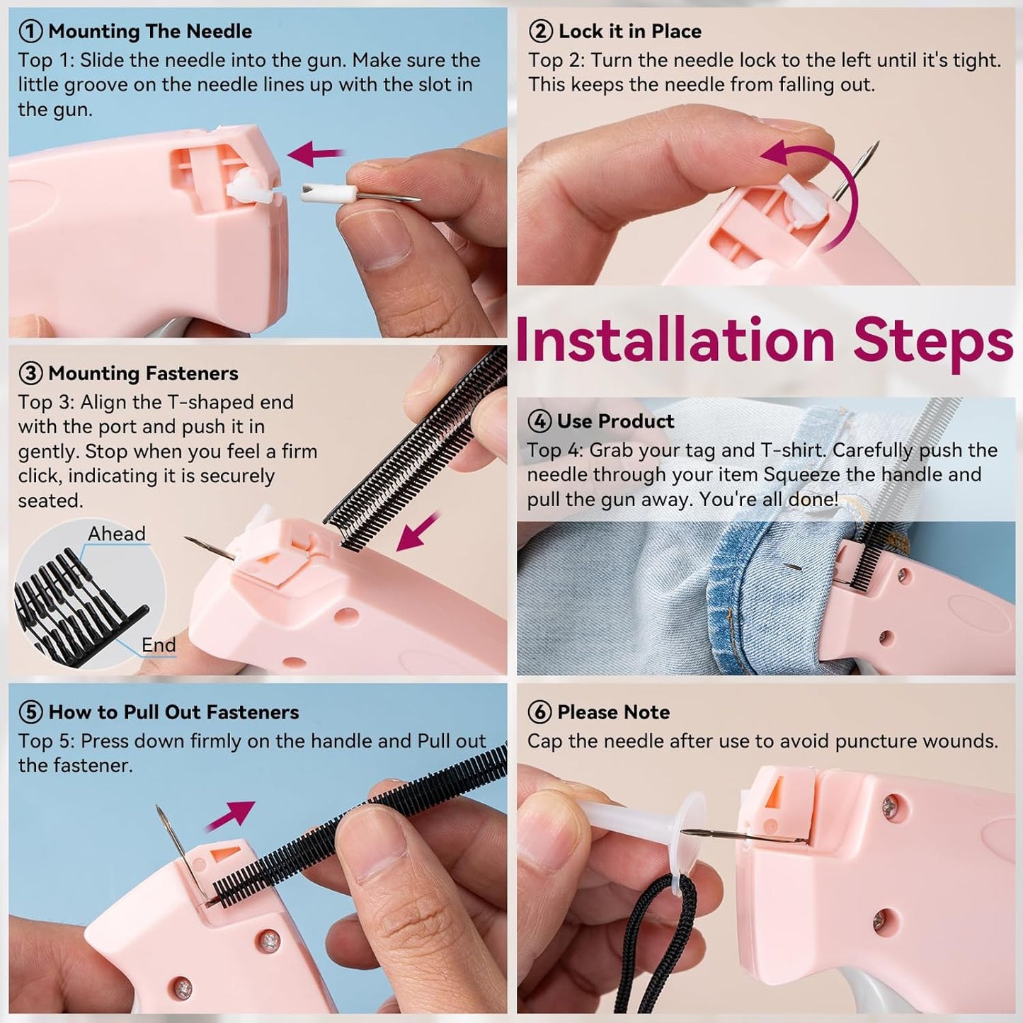 Stitch Gun for Clothes, Pink Handheld Stitching Gun Quick Clothing Fixer, 0.5mm Sewing Kit Includes 1500 Black Fasteners and 1500 White Fasteners