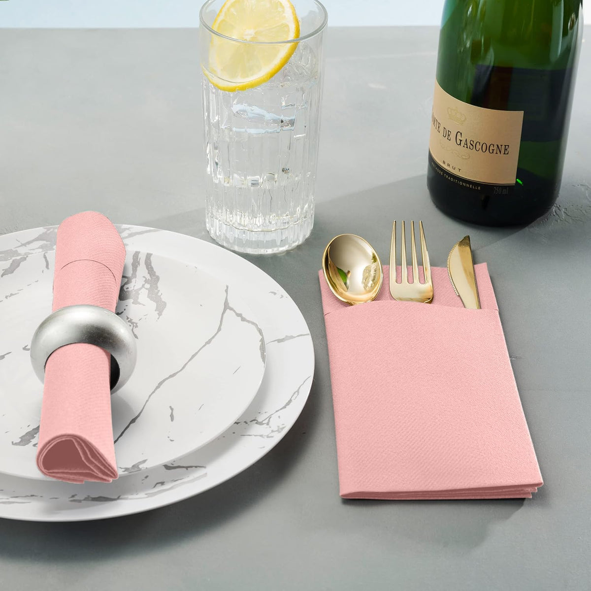 Linen-Feel Dinner Napkins With Flatware Pocket, 50-Count, Mellow Rose