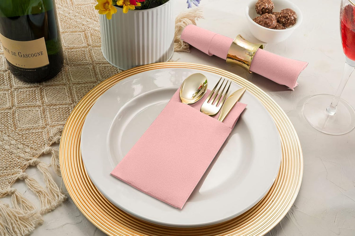 Linen-Feel Dinner Napkins With Flatware Pocket, 50-Count, Mellow Rose