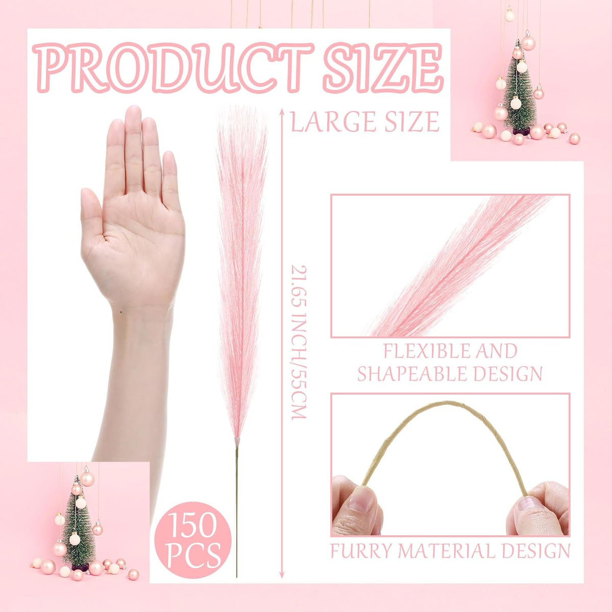 150 Pcs Pampas Grass Wedding Decor 21.65" Faux Pampas Grass Decor Bulk Boho Curly Stems Picks Ornaments for Vase Table Centerpiece Xmas Tree Topper Wedding Party Home(Pink)