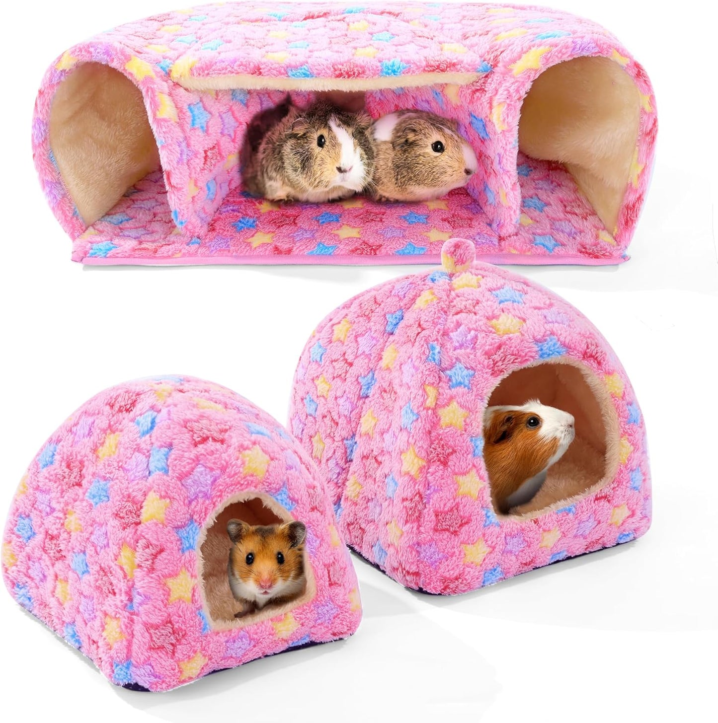 3 Pack Guinea Pig House Accessories, 2 Cozy Guinea Pig Bed and Hideout Tunnel, Chinchillas Hideout for Hamster, Rabbit, Bunny, Chinchillas (Pink, L)