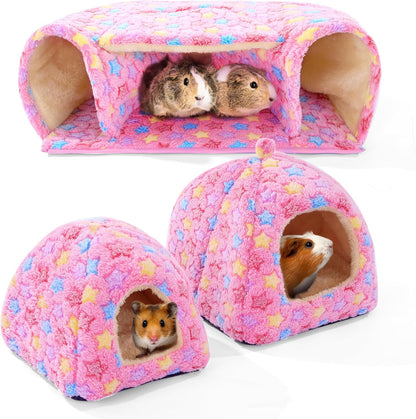 3 Pack Guinea Pig House Accessories, 2 Cozy Guinea Pig Bed and Hideout Tunnel, Chinchillas Hideout for Hamster, Rabbit, Bunny, Chinchillas (Pink, L)