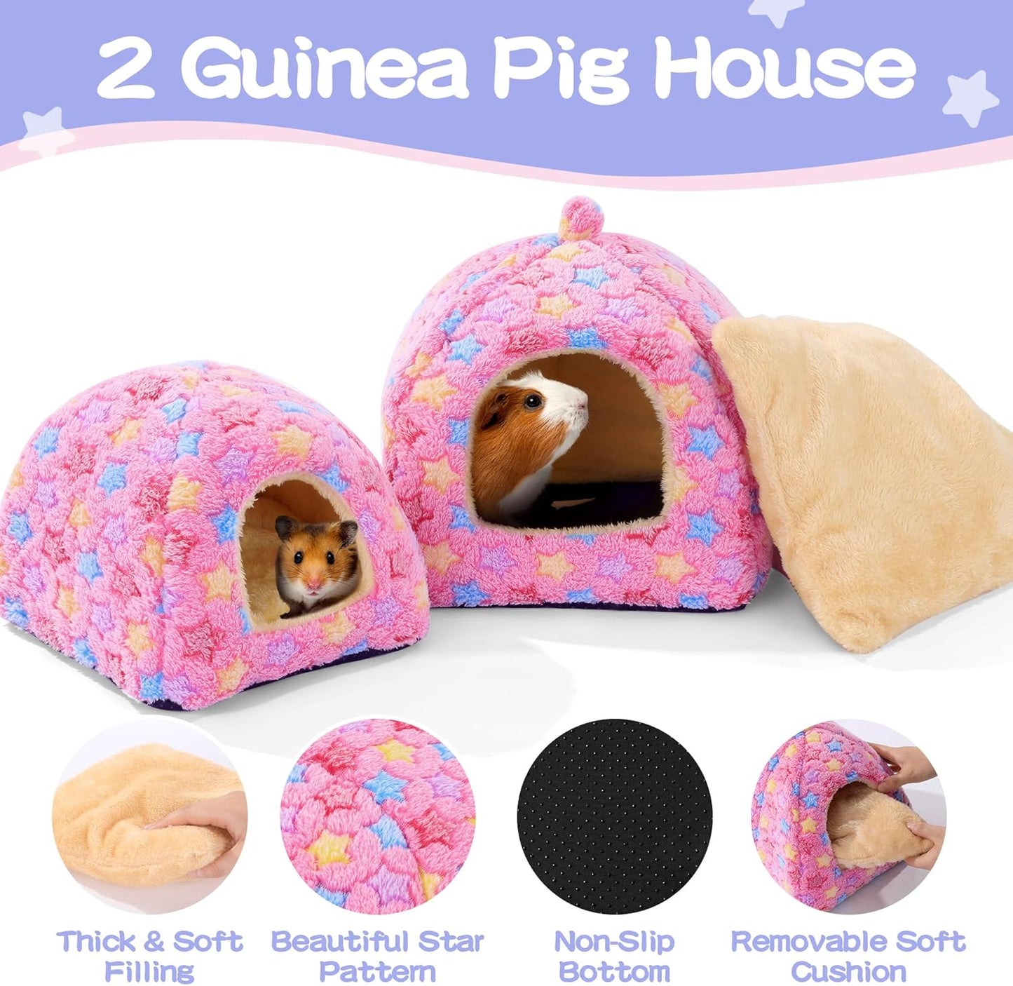 3 Pack Guinea Pig House Accessories, 2 Cozy Guinea Pig Bed and Hideout Tunnel, Chinchillas Hideout for Hamster, Rabbit, Bunny, Chinchillas (Pink, L)