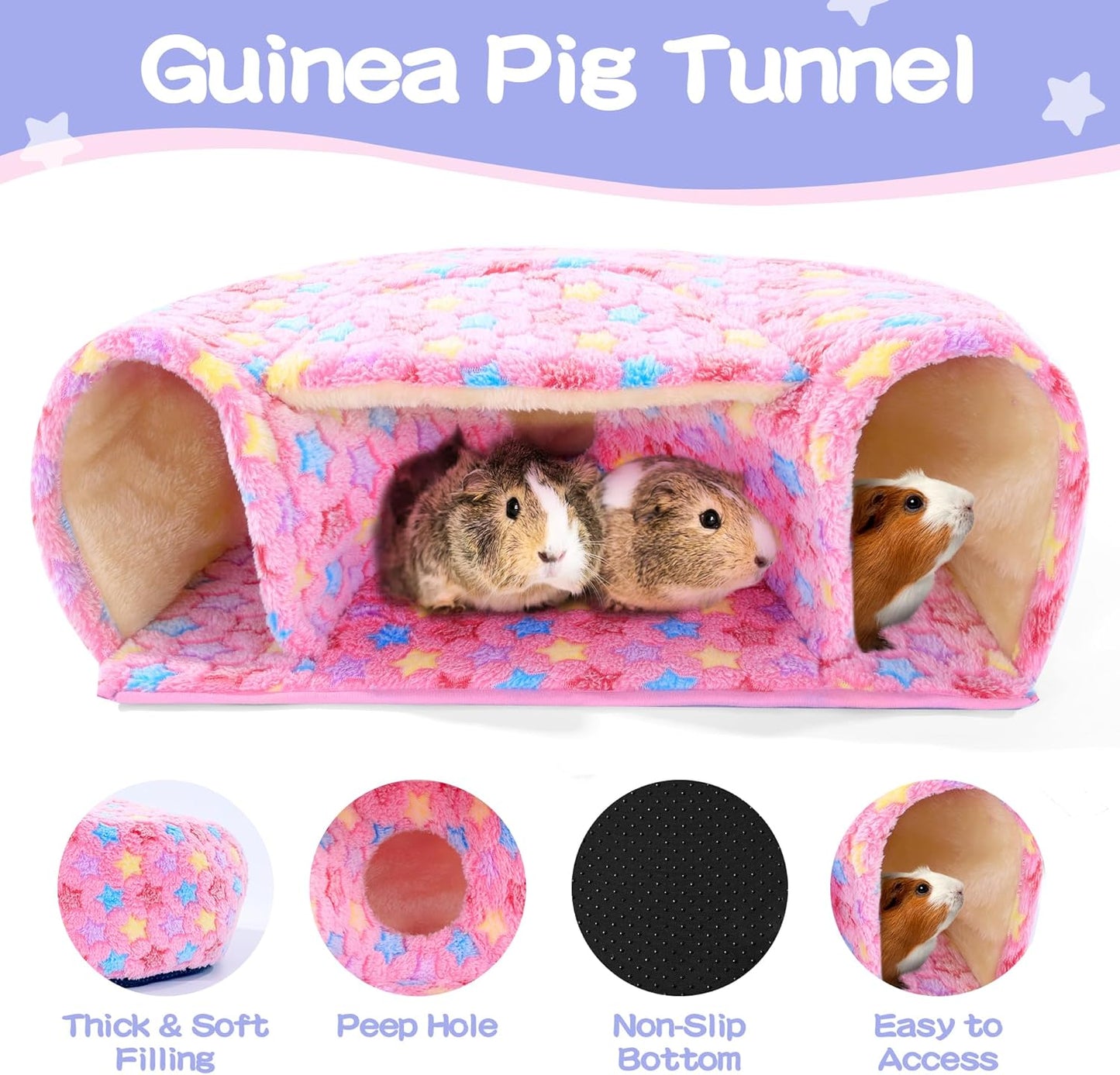 3 Pack Guinea Pig House Accessories, 2 Cozy Guinea Pig Bed and Hideout Tunnel, Chinchillas Hideout for Hamster, Rabbit, Bunny, Chinchillas (Pink, L)