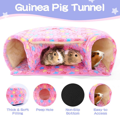 3 Pack Guinea Pig House Accessories, 2 Cozy Guinea Pig Bed and Hideout Tunnel, Chinchillas Hideout for Hamster, Rabbit, Bunny, Chinchillas (Pink, L)