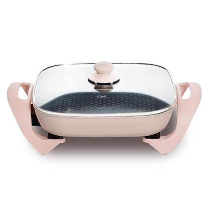 Electric Skillet - 12" x 12" Ceramic Nonstick Pan, PFAS-Free, 1400W, Tempered Glass Lid, Variable Temperature, Removable Heating Probe, Cool-Touch Handles, Blush