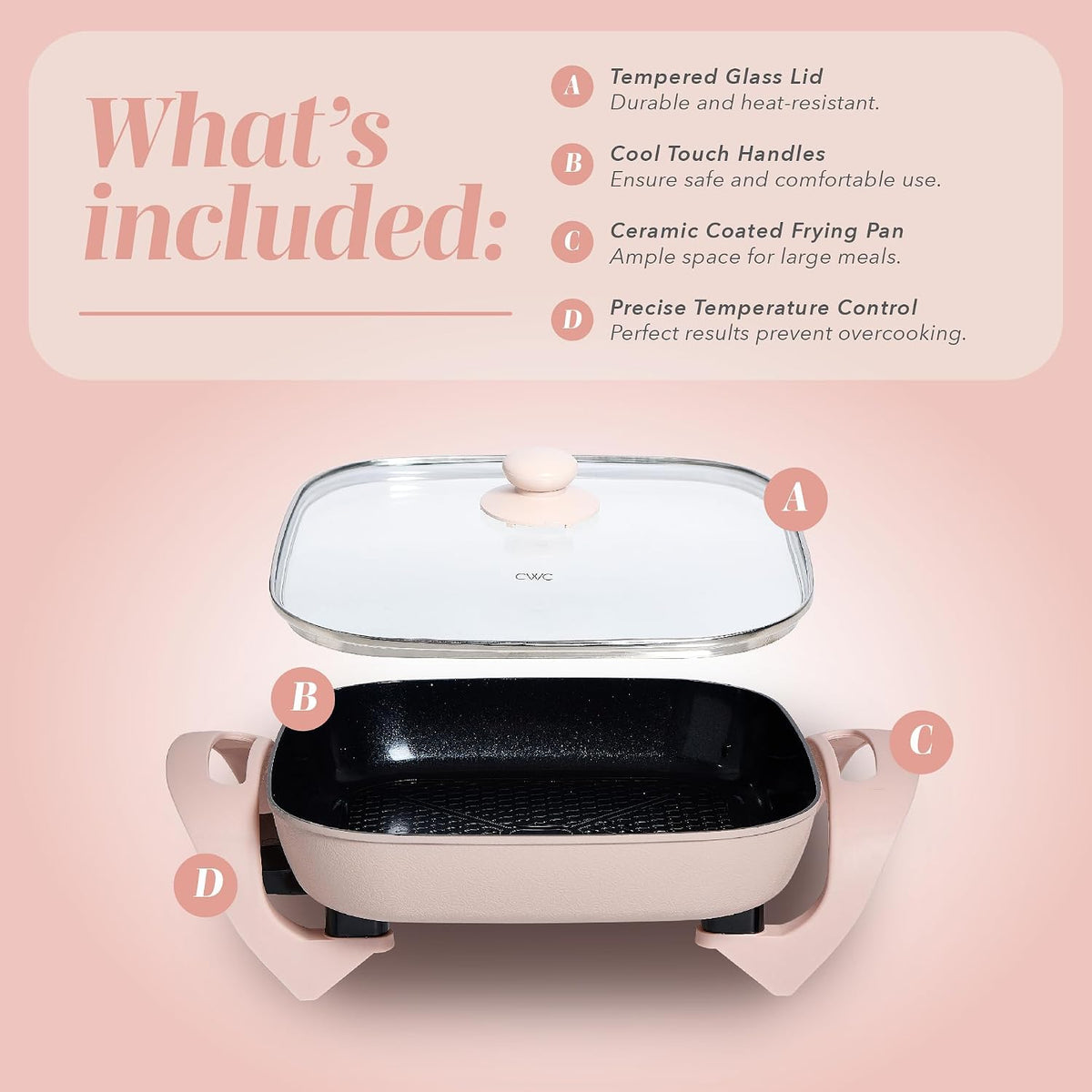 Electric Skillet - 12" x 12" Ceramic Nonstick Pan, PFAS-Free, 1400W, Tempered Glass Lid, Variable Temperature, Removable Heating Probe, Cool-Touch Handles, Blush