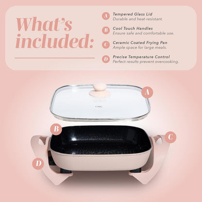 Electric Skillet - 12" x 12" Ceramic Nonstick Pan, PFAS-Free, 1400W, Tempered Glass Lid, Variable Temperature, Removable Heating Probe, Cool-Touch Handles, Blush