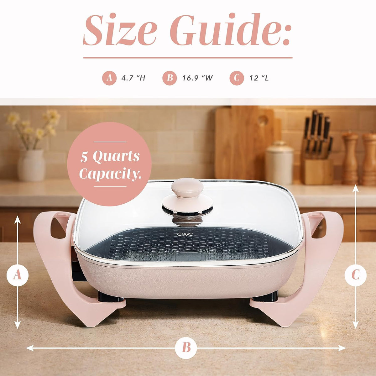 Electric Skillet - 12" x 12" Ceramic Nonstick Pan, PFAS-Free, 1400W, Tempered Glass Lid, Variable Temperature, Removable Heating Probe, Cool-Touch Handles, Blush