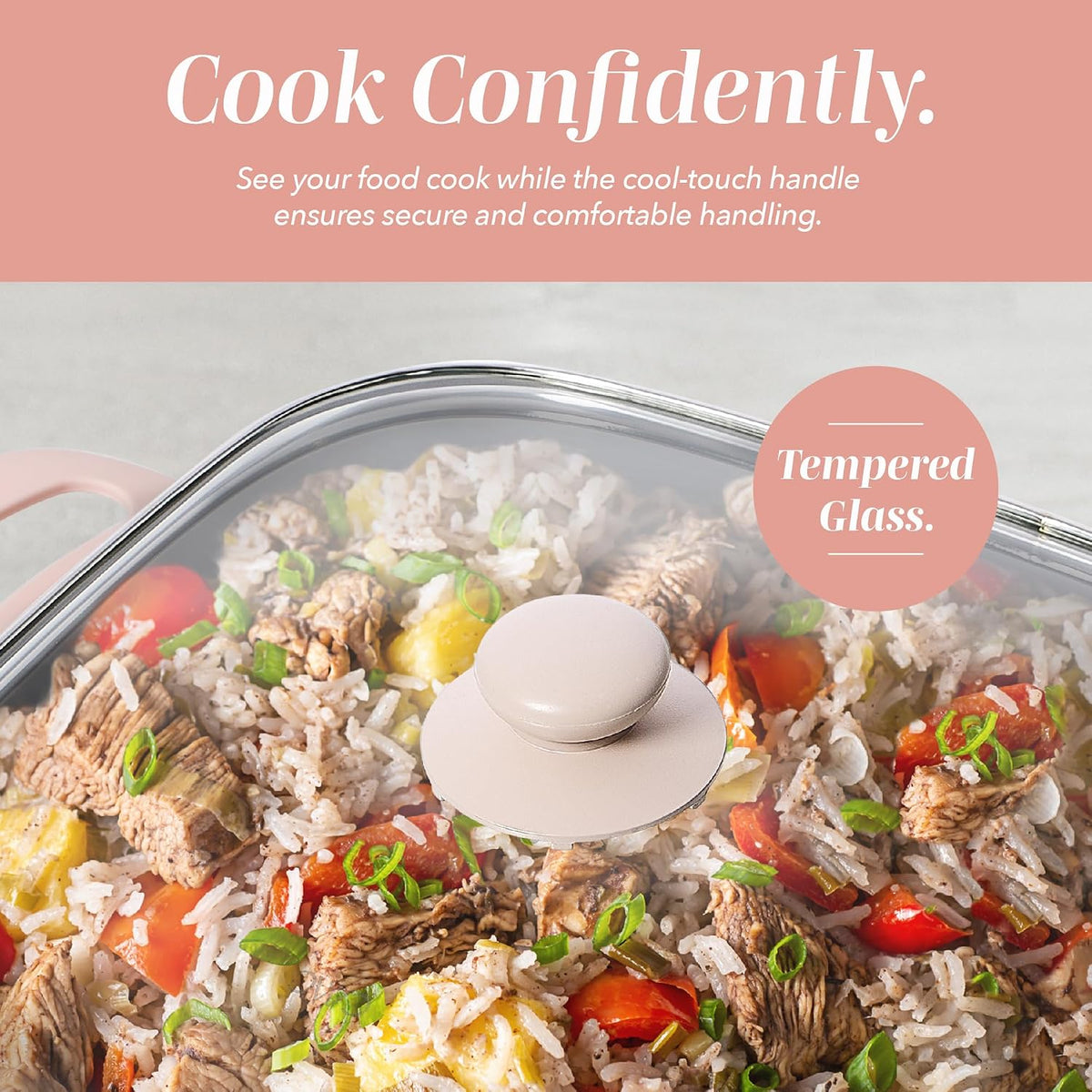 Electric Skillet - 12" x 12" Ceramic Nonstick Pan, PFAS-Free, 1400W, Tempered Glass Lid, Variable Temperature, Removable Heating Probe, Cool-Touch Handles, Blush