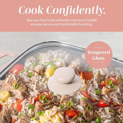 Electric Skillet - 12" x 12" Ceramic Nonstick Pan, PFAS-Free, 1400W, Tempered Glass Lid, Variable Temperature, Removable Heating Probe, Cool-Touch Handles, Blush