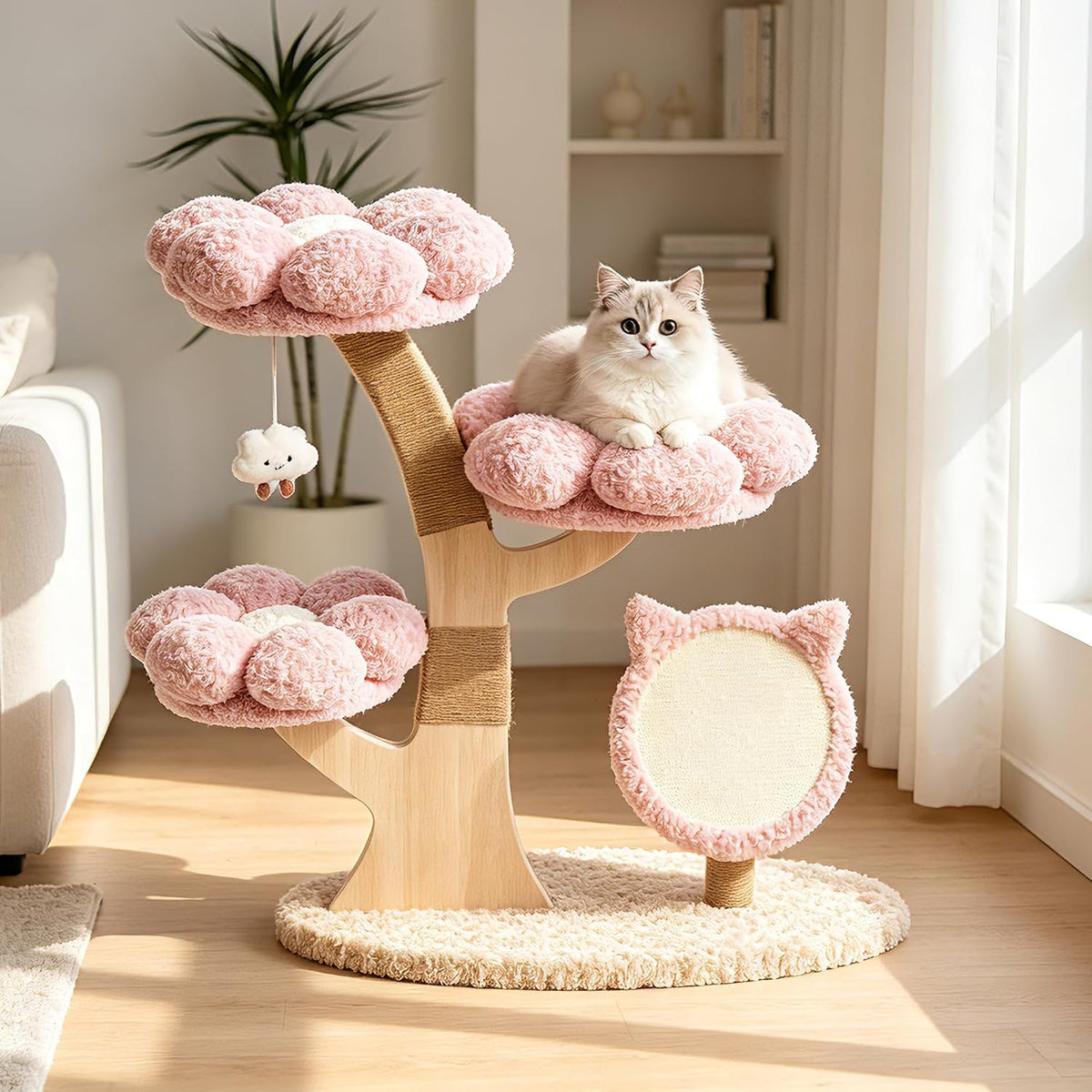 Aesthetic Flower Cat Tree Tower with Scratching Post for Indoor Cats, 37" Modern Cat Tree with Wood Sculpted Branch, Flower Cat Beds, Scratching Board & Interactive Squeaky Toy, Sakura Pink