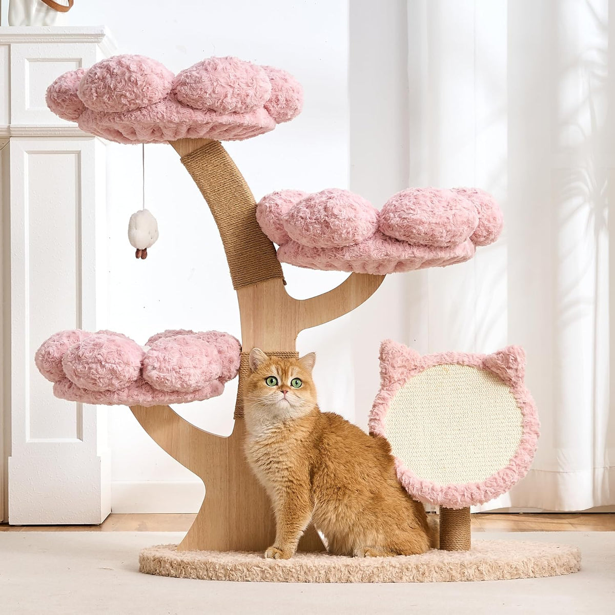 Aesthetic Flower Cat Tree Tower with Scratching Post for Indoor Cats, 37" Modern Cat Tree with Wood Sculpted Branch, Flower Cat Beds, Scratching Board & Interactive Squeaky Toy, Sakura Pink