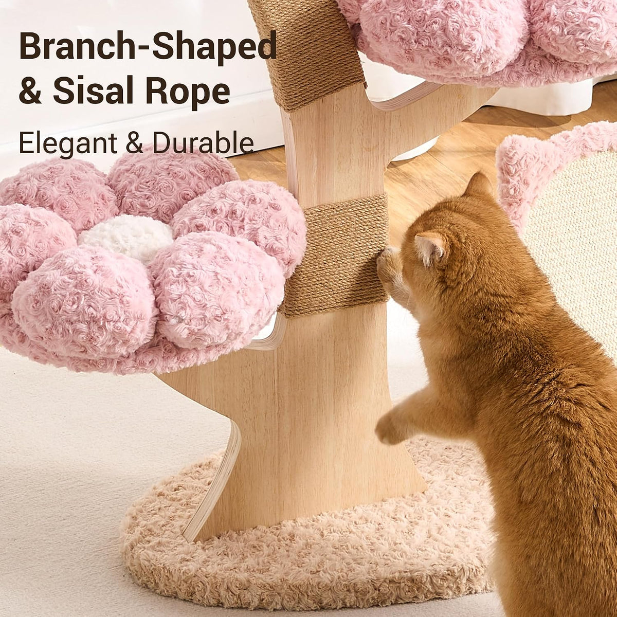 Aesthetic Flower Cat Tree Tower with Scratching Post for Indoor Cats, 37" Modern Cat Tree with Wood Sculpted Branch, Flower Cat Beds, Scratching Board & Interactive Squeaky Toy, Sakura Pink