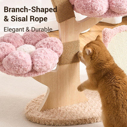 Aesthetic Flower Cat Tree Tower with Scratching Post for Indoor Cats, 37" Modern Cat Tree with Wood Sculpted Branch, Flower Cat Beds, Scratching Board & Interactive Squeaky Toy, Sakura Pink