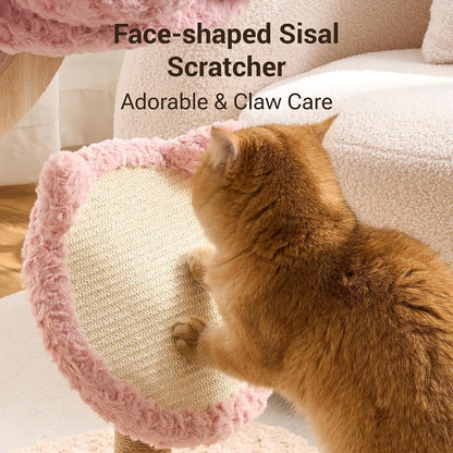 Aesthetic Flower Cat Tree Tower with Scratching Post for Indoor Cats, 37" Modern Cat Tree with Wood Sculpted Branch, Flower Cat Beds, Scratching Board & Interactive Squeaky Toy, Sakura Pink
