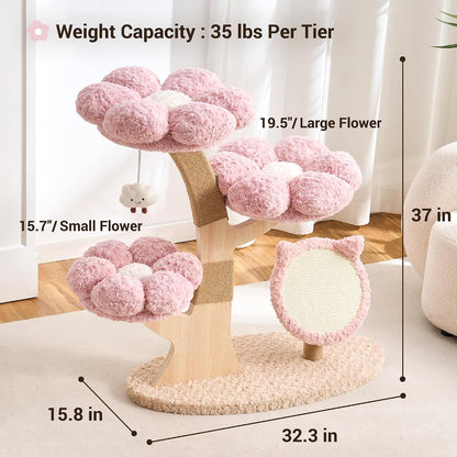 Aesthetic Flower Cat Tree Tower with Scratching Post for Indoor Cats, 37" Modern Cat Tree with Wood Sculpted Branch, Flower Cat Beds, Scratching Board & Interactive Squeaky Toy, Sakura Pink