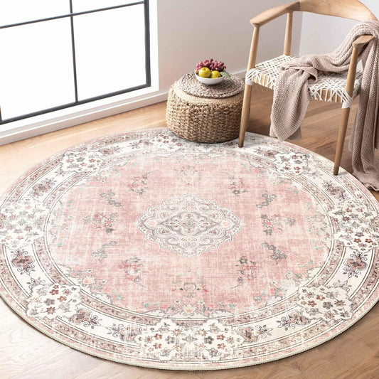 Pink Round Rug 4ft Small Circle Washable Area Rug Non Slip Floral