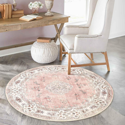 Pink Round Rug 4ft Small Circle Washable Area Rug Non Slip Floral