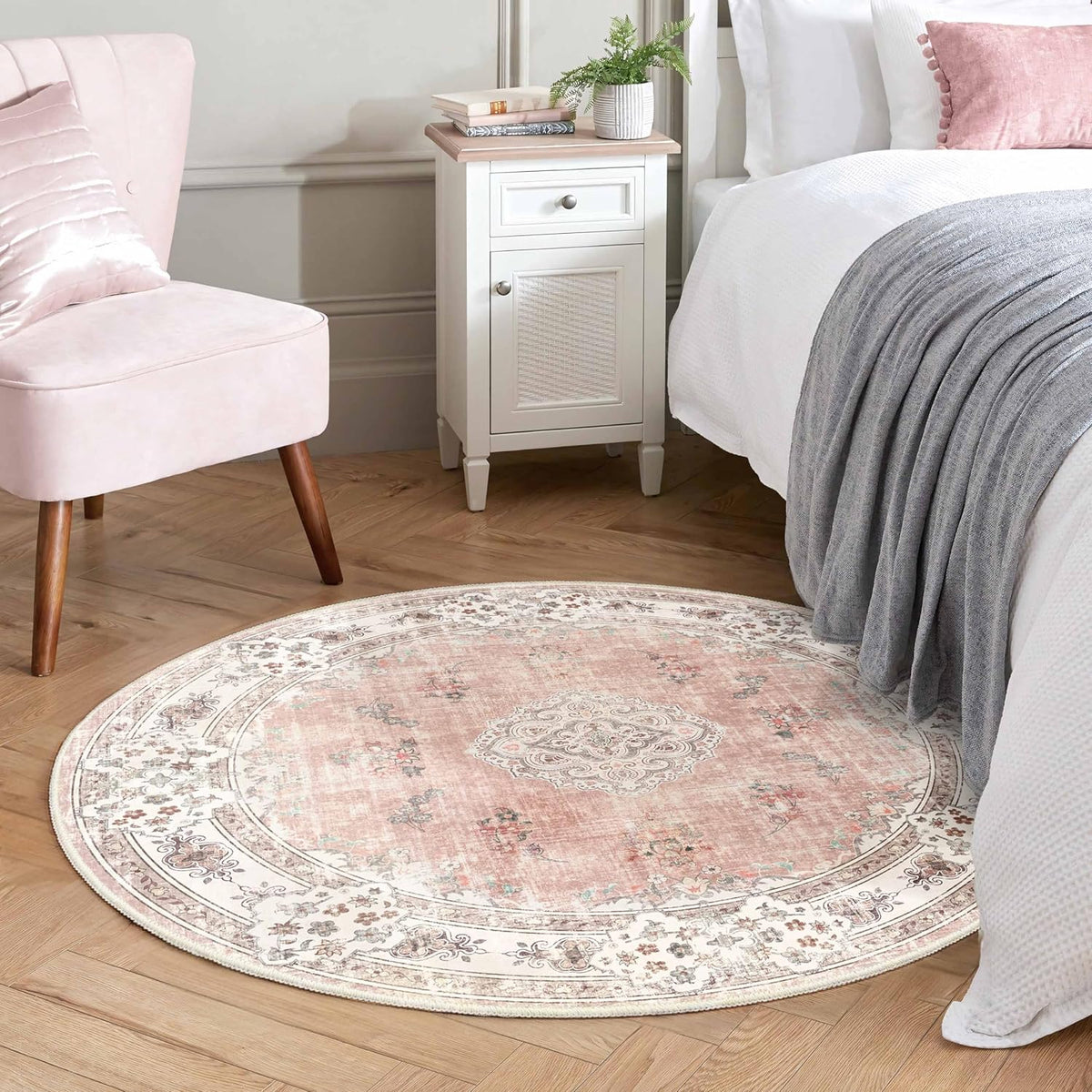 Pink Round Rug 4ft Small Circle Washable Area Rug Non Slip Floral