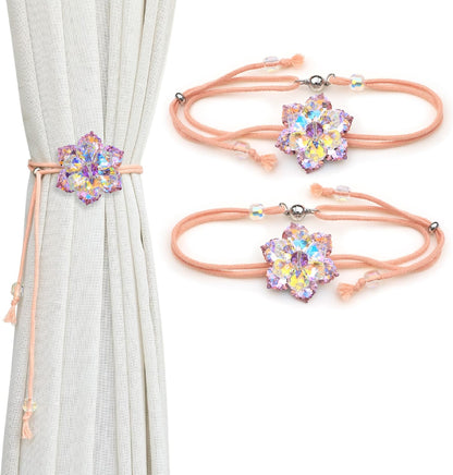 Magnetic Curtain Tiebacks, Crystal Flower Adjustable Rope Curtain Tie Backs, 2 Pack Boho Farmhouse Drapes Sheers Holdbacks for Window Home Decor (Pink)