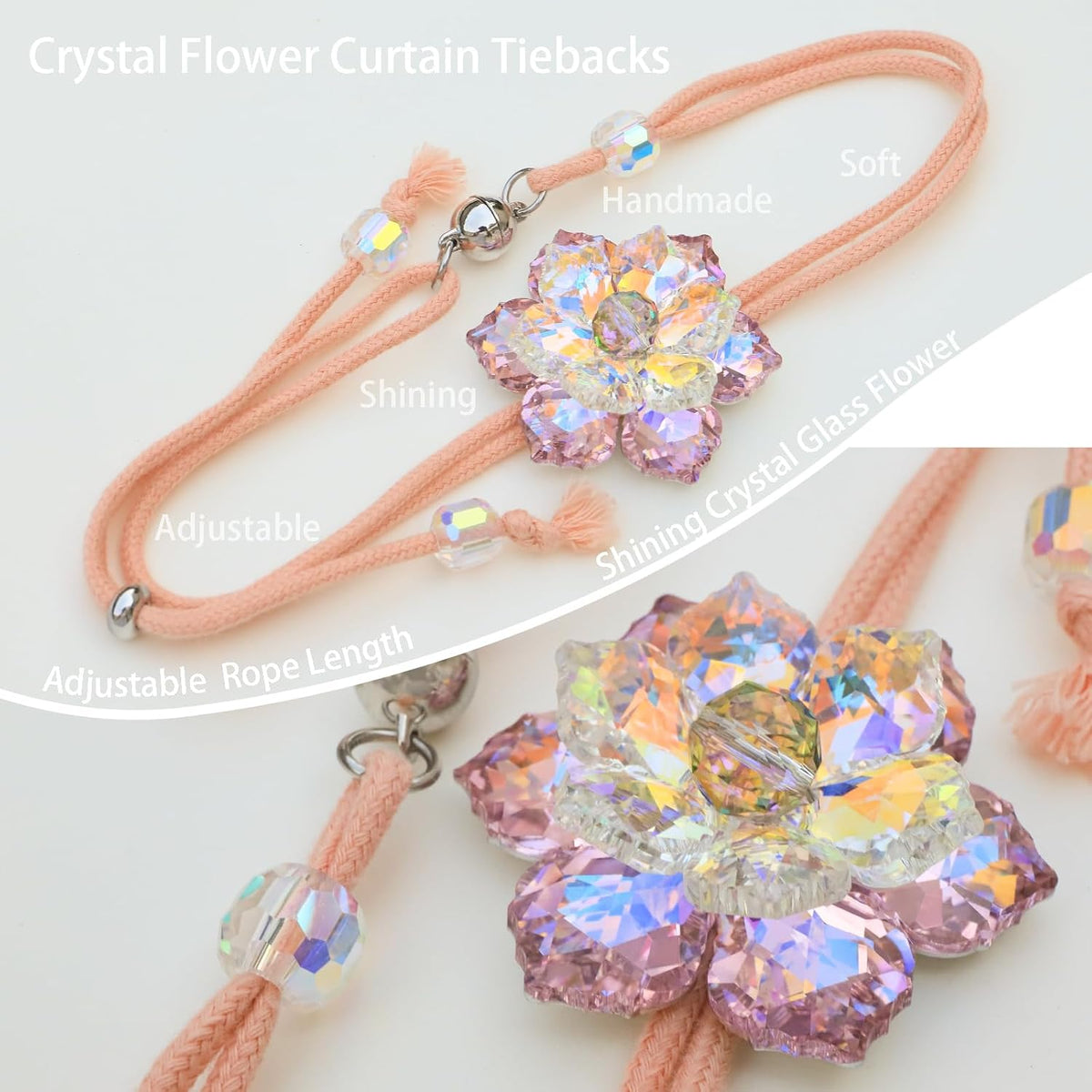 Magnetic Curtain Tiebacks, Crystal Flower Adjustable Rope Curtain Tie Backs, 2 Pack Boho Farmhouse Drapes Sheers Holdbacks for Window Home Decor (Pink)