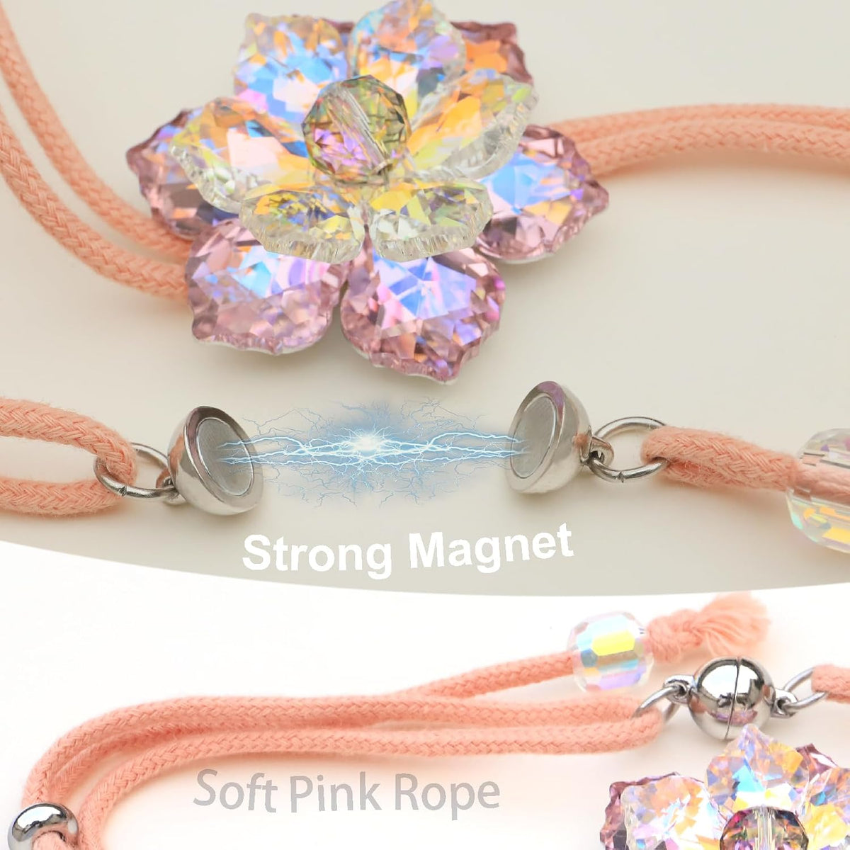 Magnetic Curtain Tiebacks, Crystal Flower Adjustable Rope Curtain Tie Backs, 2 Pack Boho Farmhouse Drapes Sheers Holdbacks for Window Home Decor (Pink)