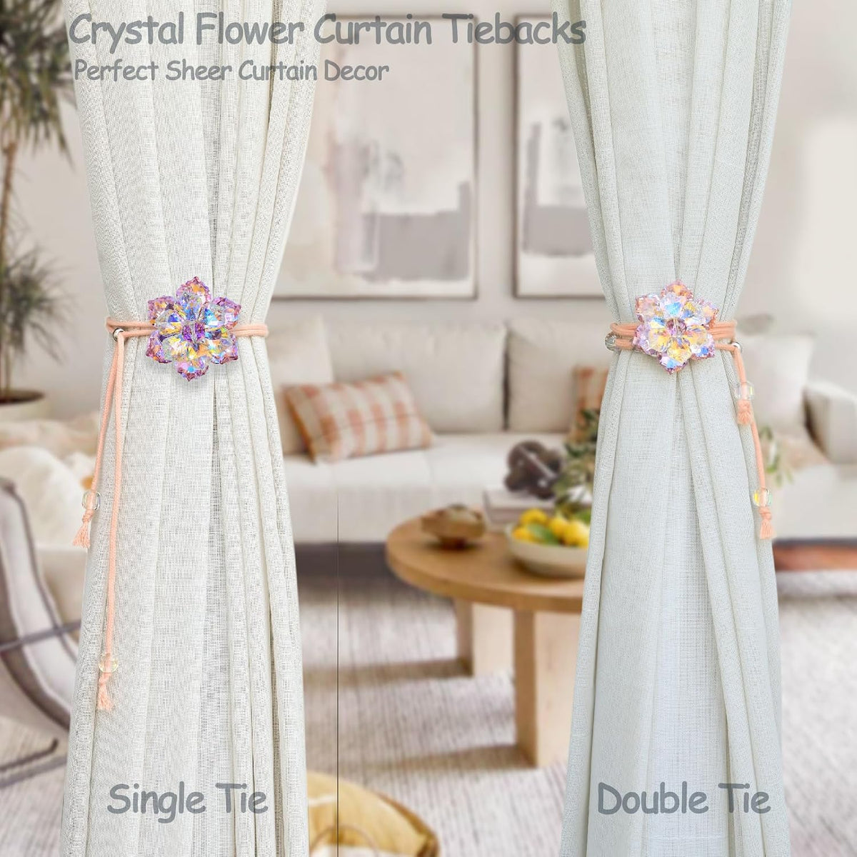 Magnetic Curtain Tiebacks, Crystal Flower Adjustable Rope Curtain Tie Backs, 2 Pack Boho Farmhouse Drapes Sheers Holdbacks for Window Home Decor (Pink)