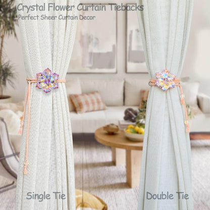 Magnetic Curtain Tiebacks, Crystal Flower Adjustable Rope Curtain Tie Backs, 2 Pack Boho Farmhouse Drapes Sheers Holdbacks for Window Home Decor (Pink)