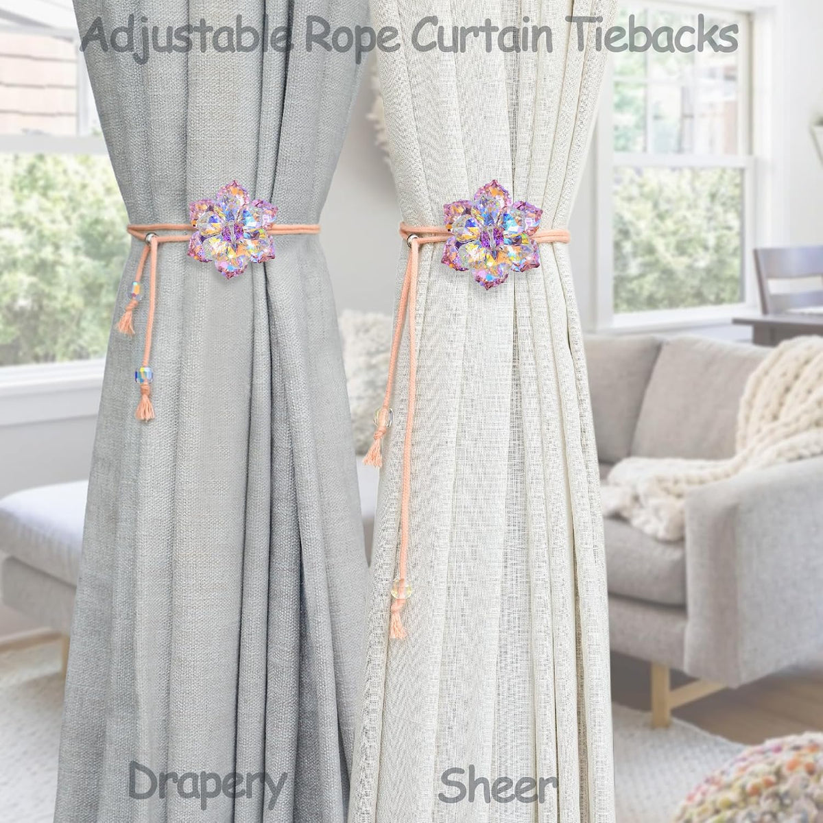 Magnetic Curtain Tiebacks, Crystal Flower Adjustable Rope Curtain Tie Backs, 2 Pack Boho Farmhouse Drapes Sheers Holdbacks for Window Home Decor (Pink)
