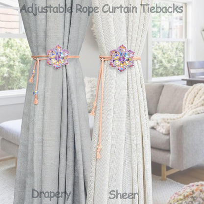 Magnetic Curtain Tiebacks, Crystal Flower Adjustable Rope Curtain Tie Backs, 2 Pack Boho Farmhouse Drapes Sheers Holdbacks for Window Home Decor (Pink)