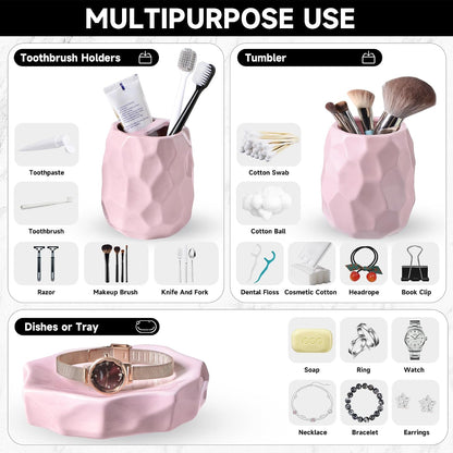 Ceramic Bathroom Accessories Set 4 PCS,Bathroom Toothbrush Holder Set,Soap and Toothbrush Holder Set,Include Toothbrush Holder,Soap Dispenser,Tumbler,Soap Dish,Bathroom Sets Decor Organizer (Pink)