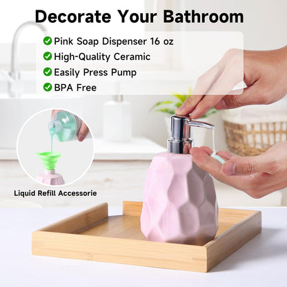 Ceramic Bathroom Accessories Set 4 PCS,Bathroom Toothbrush Holder Set,Soap and Toothbrush Holder Set,Include Toothbrush Holder,Soap Dispenser,Tumbler,Soap Dish,Bathroom Sets Decor Organizer (Pink)