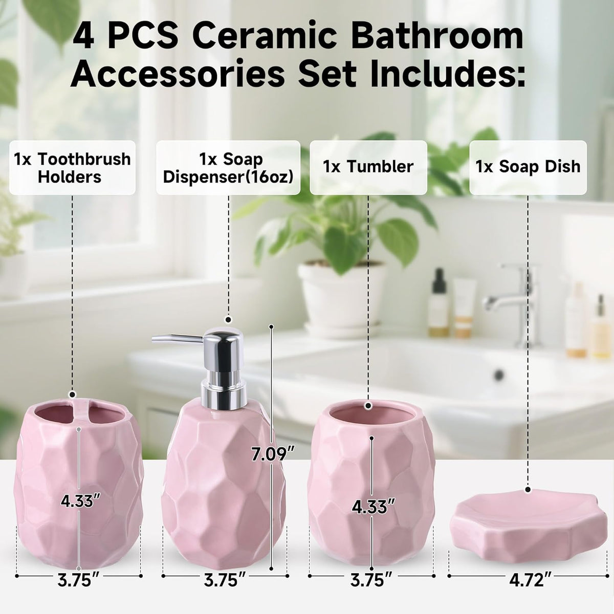 Ceramic Bathroom Accessories Set 4 PCS,Bathroom Toothbrush Holder Set,Soap and Toothbrush Holder Set,Include Toothbrush Holder,Soap Dispenser,Tumbler,Soap Dish,Bathroom Sets Decor Organizer (Pink)
