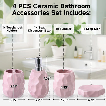 Ceramic Bathroom Accessories Set 4 PCS,Bathroom Toothbrush Holder Set,Soap and Toothbrush Holder Set,Include Toothbrush Holder,Soap Dispenser,Tumbler,Soap Dish,Bathroom Sets Decor Organizer (Pink)