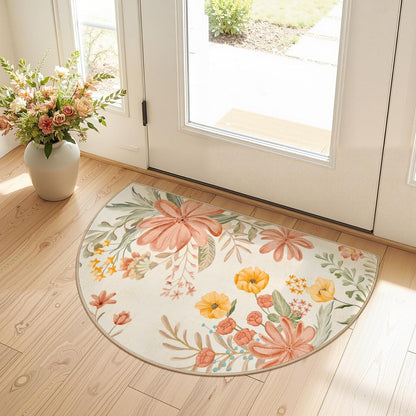 Vintage Floral Half Round Rug，2x3 Coral Pink，Washable Non Slip