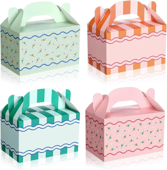 Novabright 24 Pcs Italian Summer Paper Gift Boxes Wavy Floral Stripe Party Favor Gable Boxes with Handle Candy Treat Goodie Cookie Bags for Bachelorette Party Birthday Baby Shower