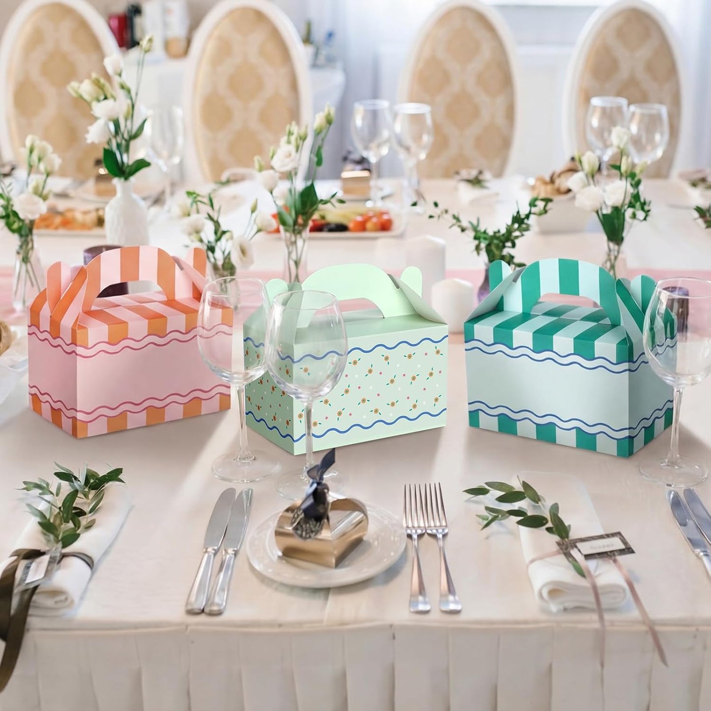 Novabright 24 Pcs Italian Summer Paper Gift Boxes Wavy Floral Stripe Party Favor Gable Boxes with Handle Candy Treat Goodie Cookie Bags for Bachelorette Party Birthday Baby Shower